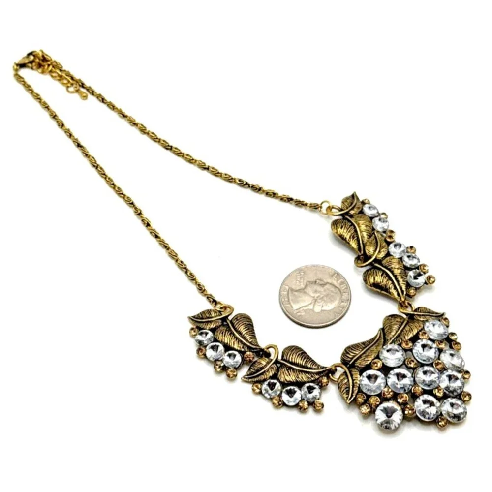 Clear Crystal Cluster Floral Bib Necklace Gold Tone Rivoli Rhinestone Statement